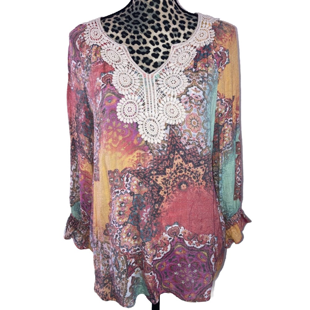 Flint & Moss Blouse L Boho Hippie Multicolor Embroidered Long Sleeve V Neck